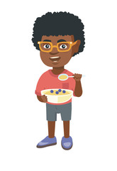 Canvas Print - Happy african-american boy holding a spoon and bowl of porridge with blueberries. Little boy eating porridge for breakfast. Vector sketch cartoon illustration isolated on white background.