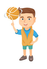 Sticker - Young caucasian cheerful boy spinning a basketball ball on his finger. Happy little boy playing basketball. Vector sketch cartoon illustration isolated on white background.