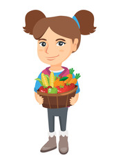 Canvas Print - Caucasian smiling girl with the basket of fruit and vegetables. Full length of little girl holding the basket with fruit and vegetables. Vector sketch cartoon illustration isolated on white background