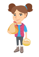 Canvas Print - Caucasian farmer girl holding a chicken and hen eggs in her hands. Little girl with chicken and basket of hen eggs. Vector sketch cartoon illustration isolated on white background.