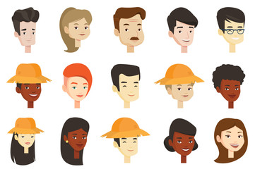 Sticker - Portraits of young and adult men and women. Avatars of Caucasian white, African-american and Asian people in straw hats and eyeglasses. Set of vector cartoon illustrations isolated on white background