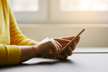 Wall Mural - female hands with mobile phone in office