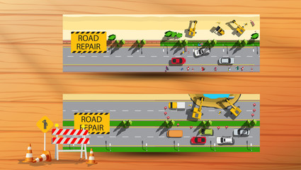 Horizontal web banners with top view road repair and road sign