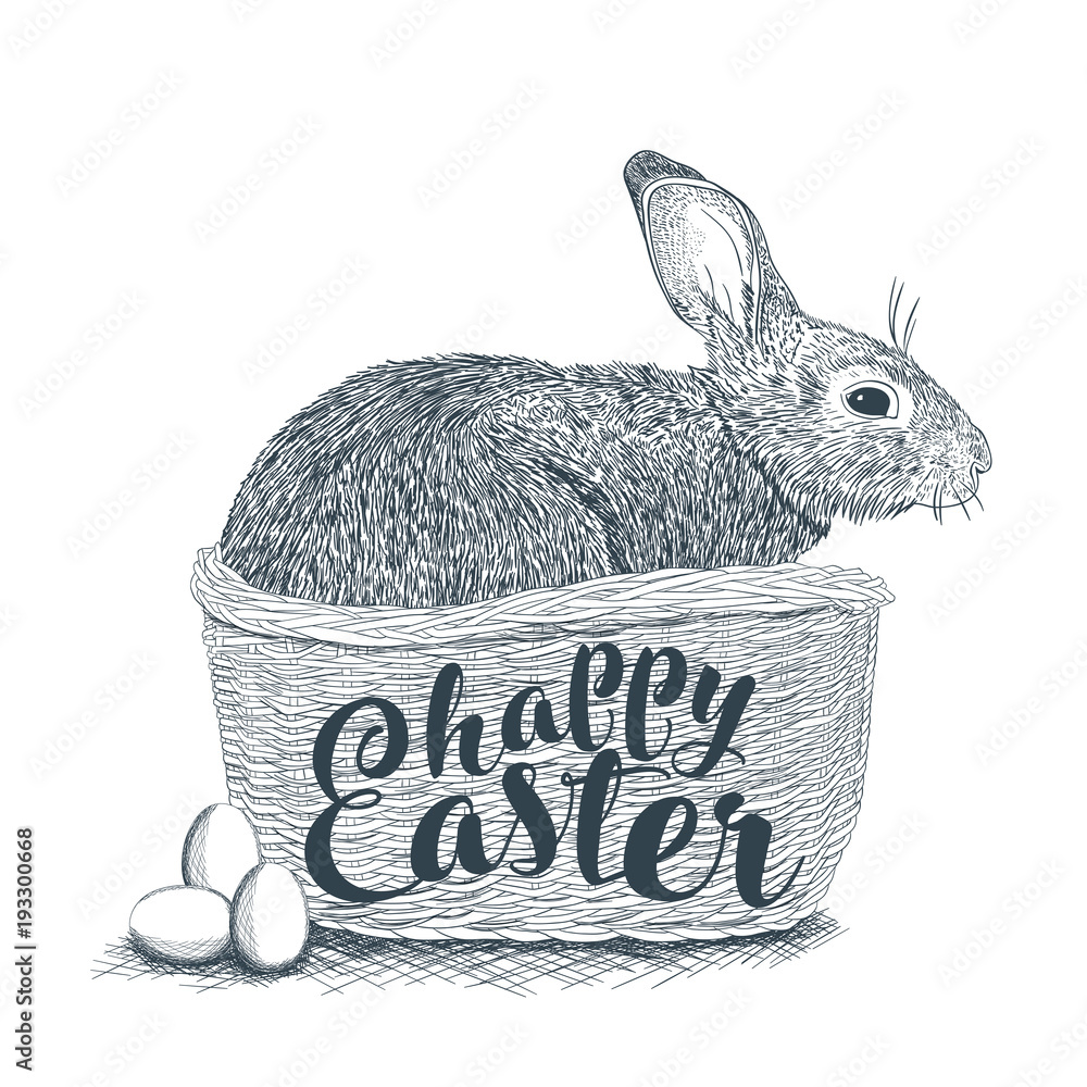 Wicker basket with Easter bunny, spring chickens, colorful flowers ...