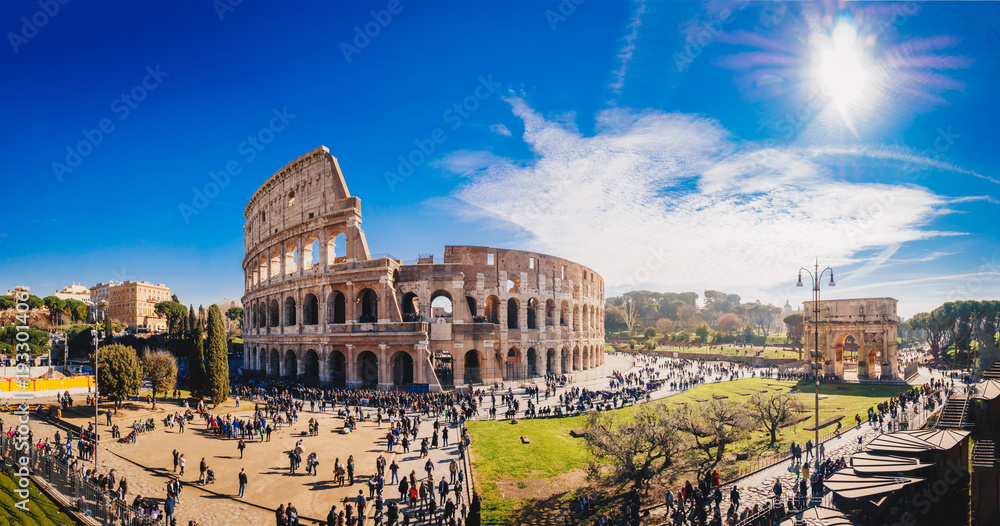 The Roman Colosseum (Coloseum) in Rome, Italy wide panoramic view - obrazy, fototapety, plakaty 