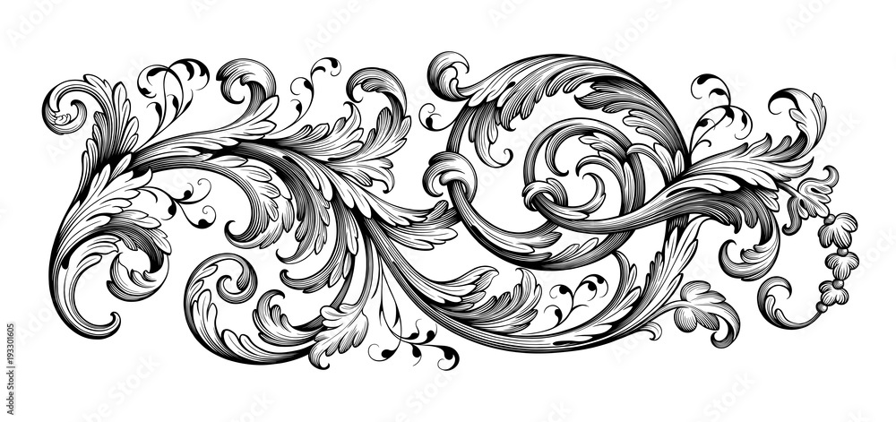 Vintage Baroque Victorian frame border floral engraved scroll ornament leaf retro flower pattern decorative design tattoo black and white filigree calligraphic vector heraldic shield swirl - obrazy, fototapety, plakaty 