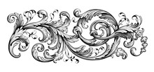 Vintage Baroque Victorian Frame Border Floral Engraved Scroll Ornament Leaf Retro Flower Pattern Decorative Design Tattoo Black And White Filigree Calligraphic Vector Heraldic Shield Swirl