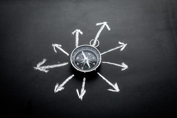 Wall Mural - Direction of movement, travel direction. Compass among the arrows on black background top view copy space