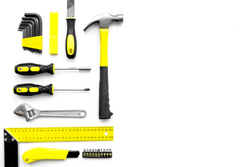 Wall Mural - Various repair tools. Must-have for men. Equipment for building. White background top view copy space pattern