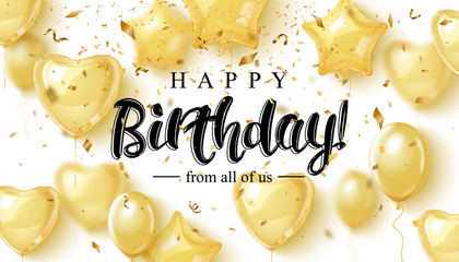 Vector birthday elegant greeting card with gold balloons and falling confetti