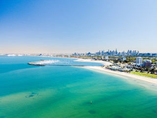 Wall Mural - St Kilda beach aerial with Melbourne City Skyline in the background