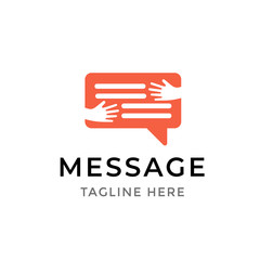 Wall Mural - Message communication logo design. Template symbol of human hands embracing chat bubble isolated. Social media messaging concept.