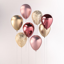 Set Of Pink And Golden Glossy Balloons On The Stick With Sparkles On White Background. 3D Render For Birthday, Party, Wedding Or Promotion Banners Or Posters. Vibrant And Realistic Illustration.