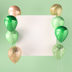 Green color and golden balloons with sequins and white sticker. Green background for social media. 3D render for birthday, party, wedding or promotion. Vibrant and realistic illustration.