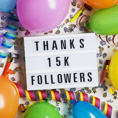 Poster - Thanks 15 thousand followers social media lightbox background. Celebration of followers, subscribers, likes.