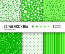 Digital Paper Pack, Set Of 6 Abstract Geometric Backgrounds. Seamless Vector Patterns Collection. Green Clover St Patricks Day Decorations Background.