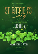 Vector Holiday Template Of A Poster For A Party Of Saint Patrick’s Day With Realistic Clovers. Green Festive Blur Background With Shamrocks For Design Of Flyers, Banners And Invitation Cards.