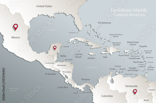 Fotomural Caribbean islands Central America map, state names, separate states, card blue w