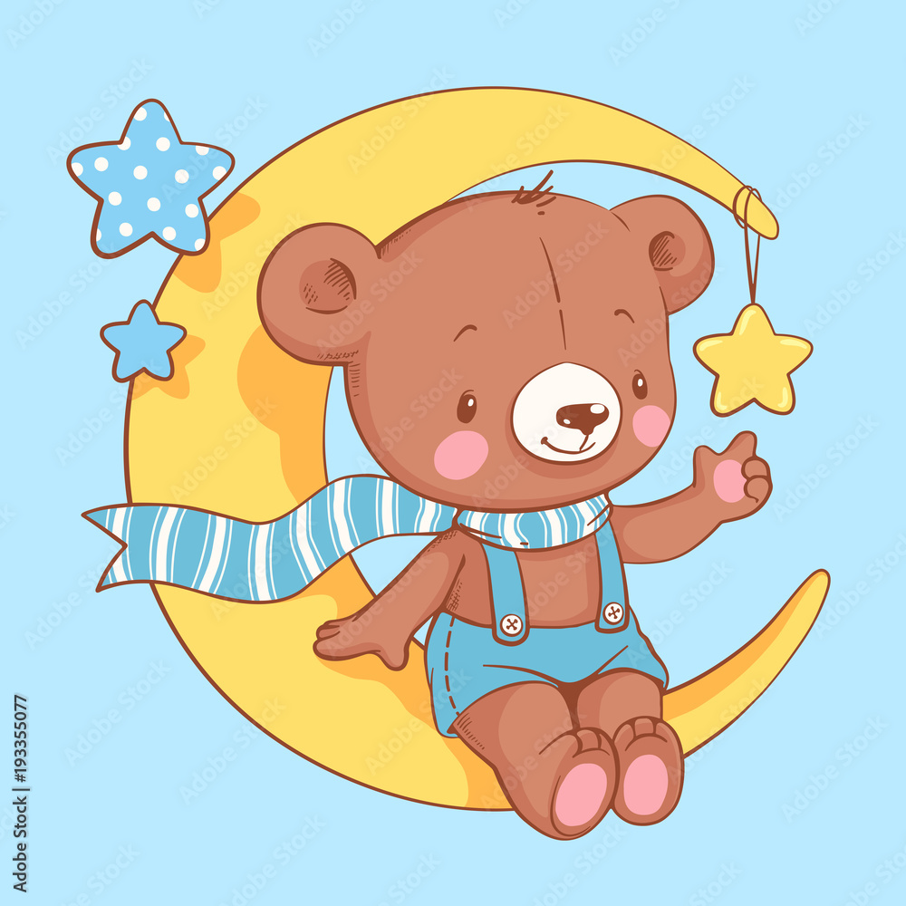 Cute baby bear sitting on the moon cartoon hand drawn vector ...