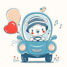 Cute Baby Bear Driving Car Cartoon Hand Drawn Vector Illustration. Can Be Used For Baby T-shirt Print, Fashion Print Design, Kids Wear, Baby Shower Celebration Greeting And Invitation Card.