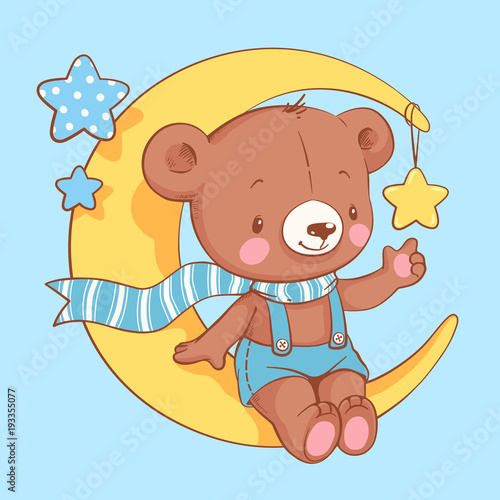 Cute Baby Bear Sitting On The Moon Cartoon Hand Drawn Vector Illustration Can Be Used For Baby T Shirt Print Fashion Print Design Kids Wear Baby Shower Celebration Greeting And Invitation Card