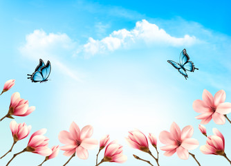 Aufkleber - Nature spring background with beautiful magnolia branches on blue sky. Vector.