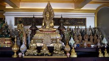 Pan Of A Seated Buddha Statue Inside Phu Khao Thong, Golden Mount, At Wat Saket In Bangkok, Thailand