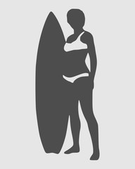 Wall Mural - woman posing with surfboard. monochrome silhouette. vintage surfing graphic and emblem for web desig
