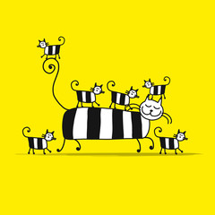 Fototapete - Mother cat with kittens, sketch for your design