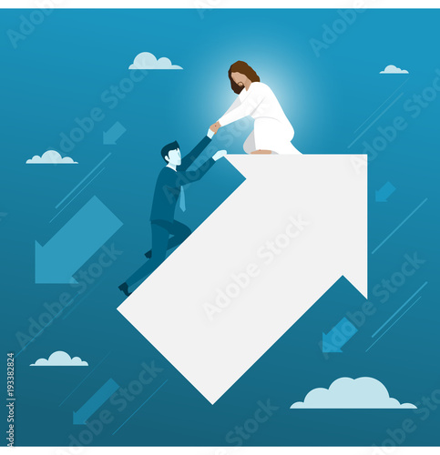 Fotomural Jesus Helping Businessman From Falling Down, Simple Flat Vector.