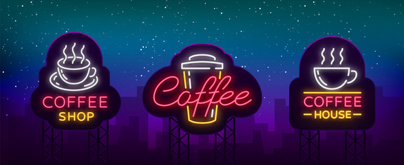 Wall Mural - Set of vector coffee elements and accessories for coffee. Coffee logos, emblems in neon style, noy advertising coffee. Bright luminous signboard, night advertisement. Billboard