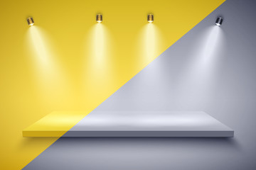 Wall Mural - Light box with Black and white platform and yellow color on with four spotlights. Editable Background Vector illustration.