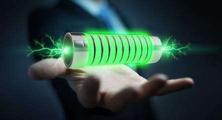 Poster - Businessman using green battery with lightnings 3D rendering