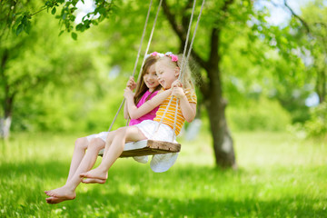 Wall Mural - Two cute little sisters having fun on a swing together in beautiful summer garden on warm and sunny day outdoors