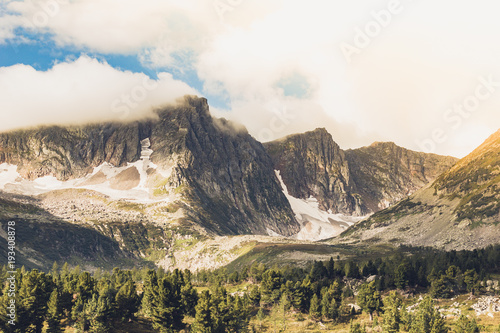 Plakat Widok na góry z doliny z lasem sosnowym. Podróżując w górach.