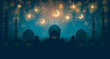 Islam. Magical Oriental Night On Vector Picture. Vector Illustration Of Fantastic Night In Oriental Palace With Golden Stars.