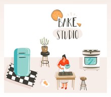 Hand Drawn Vector Abstract Modern Cartoon Cooking Class Illustrations Poster With Retro Vintage Woman Chef,refrigerator And Bake Studio Handwritten Modern Calligraphy Isolated On White Background