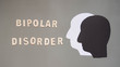 Bipolar disorder presented by double human head made from black and white paper on gray background w/ wood word. Manic and depress emotion. Mental health, brain disorder and psychological concept.