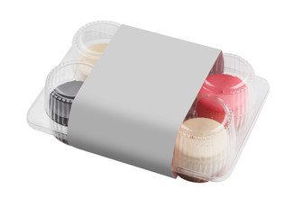 Wall Mural - Plastic package with color round cheesecakes. white isolated background