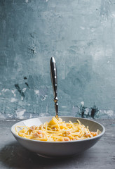 Wall Mural - Tasty pasta with bacon and cheese. Selecitve focus.