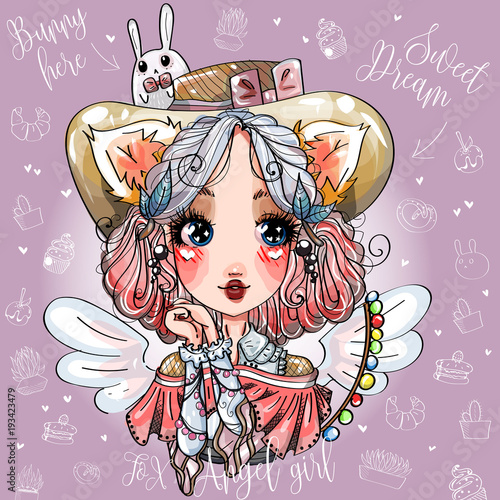Fox Angel Cute Little Girl With Wings Little Bunny On Hat