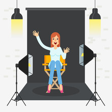 Girl In Photo Studio. Equipment For Photo Studio, Production Of Films And Advertising. Flat Vector Cartoon Illustration. Objects Isolated On A White Background.