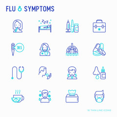 Wall Mural - Flu and symptoms thin line icons set: temperature, chills, heat, runny nose, bed rest, pills, doctor with stethoscope, nasal drops, cough, phlegm in the lungs. Modern vector illustration.