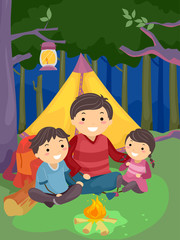 Canvas Print - Man Dad Kids Woodland Camping Illustration