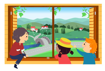 Poster - Stickman Kids Rural Window Illustration