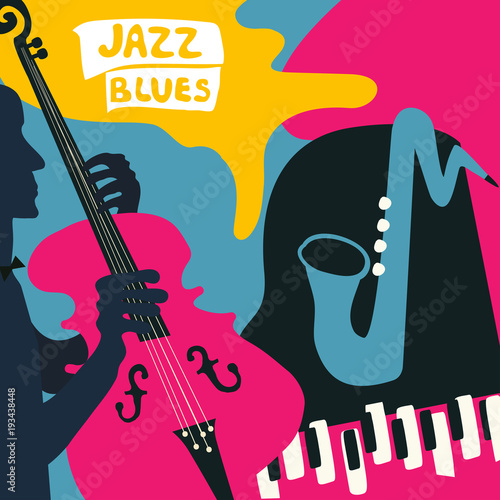 Fototapety Jazz  plakat-festiwalu-muzyki-jazzowej-z-instrumentami-muzycznymi-plaski-wektor-saksofon-fortepian-i-wiolonczele