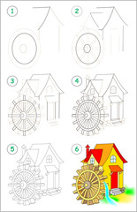 Wall Mural - Page shows how to learn step by step to draw a water mill. Developing children skills for drawing and coloring. Vector image.