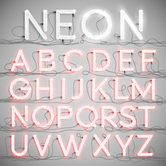 Wall Mural - Realistic neon alphabet with wires (ON), vector.