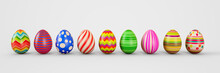 Easter Eggs On A White Background. Easter Eggs. 3D Rendering Illustration.