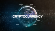 Technology Earth From Space Word Set With Cryptocurrency In Focus. Futuristic Bitcoin Crypto Currency Oriented Words Cloud 3D Illustration. Crypto E-business Keywords Concept